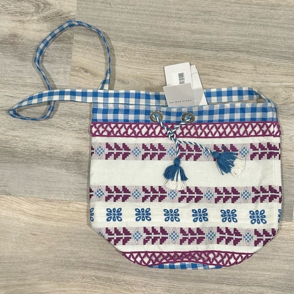 NWT Dodo Bar Or Lili Bag 100% Cotton Tote Purse Blue Purple Embroidered Checker